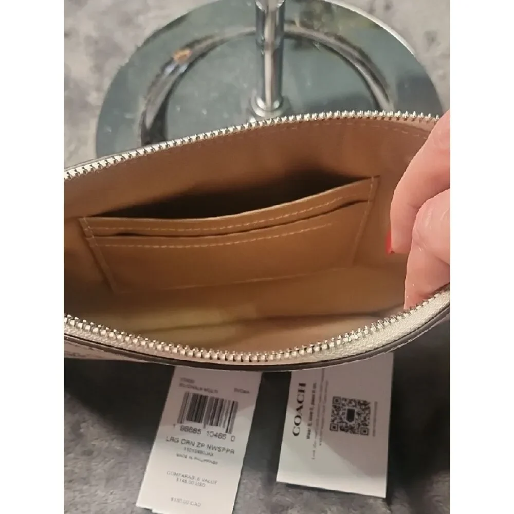 Coach Beige Newspaper Print Zip Wristlet